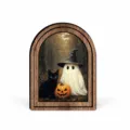 Targa da tavolo in legno di Halloween con simpatico fantasma, gatto nero e zucca. - 5mm con Adesivo in Spugna
