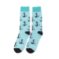 Herren gestreifte Crew Socken mit Anker Muster Baumwolle Freizeit Mode bequeme Socken fur Alltag - Einheitsgröße / Minzgrüner Streifen Anker (A284)