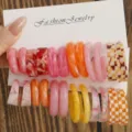 Detailed closeup view of colorful resin C-shaped hoop earrings set displayed on a white card. - Solid Plaid Style (Set 17)