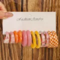 Colorful resin C-shaped hoop earrings set, trendy geometric earrings for women fashion - Orange White Plaid Style (Set 20)