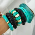 Chunky resin bracelet set detail, turquoise and black stackable bangles for stylish women. - Dark Green Set (31677)
