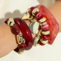 Detailed view of retro color-blocking resin and metal charm beaded bracelet for women. - Brown Set (31670)