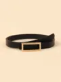 Detailed shot of women's fashion slim black belt with elegant gold rectangular buckle. - 102cm / Black Gold Clasp
