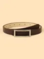 Detail view of a slim brown leather belt with a sleek rectangular silver metal buckle. - 102cm / Coffee Silver Buckle