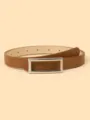 Women brown leather belt detail shot featuring a sleek rectangular metal buckle accessory. - 102cm / Camel Silver Buckle