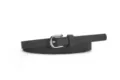 Women's thin suede belt in dark grey, featuring a sleek silver metal pin buckle and neat stitching. - Black