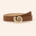 Detailed view of the stylish brown leather women's belt featuring a unique gold shell buckle. - 105*2.3cm / Camel
