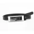 Minimalist black leather belt for women with silver rectangular buckle for dress daily wear. - Black