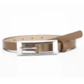 Women's thin brown leather belt with stylish silver rectangular buckle for dress fashion - Camel
