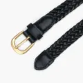 Women black braided waist belt with gold buckle, elegant PU leather slim strap for daily wear. - 107x2.3cm / Black