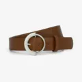 Brown leather belt with silver round metal buckle, stylish accessory for women casual wear. - 107*3.3cm / Brown