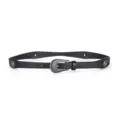 Detailed view of black western style PU leather belt featuring antique silver metal buckle. - Black
