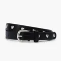 Black crocodile pattern leather belt for women with silver metal heart rivets and stylish buckle - Black