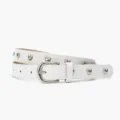 White crocodile pattern leather belt with silver heart rivets and metal buckle accessory. - White