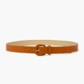 Brown thin women's leather belt, minimalist elegant daily wear accessory with metal buckle. - Camel