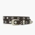 Women's brown leather grommet belt, thin metal pin buckle strap with silver eyelet details. - Coffee