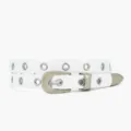 White thin leather belt with metal eyelets, stylish pin buckle design for women's daily wear. - White