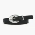 Black faux leather women belt with silver moon pin buckle, casual jeans decorative accessory. - Black