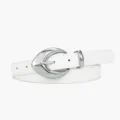 White women's PU leather belt with silver crescent buckle for casual jeans and commute wear. - White