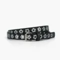 Punk style black PU leather thin belt with metal flower eyelet grommets and buckle for jeans. - 105*1.8cm / Black