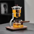 Set à thé paresseux en verre avec base en bois et support en métal pour bureau et salon. - Théière Lingdong / Transparent