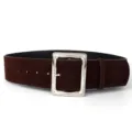 Brauner Wildleder-Breitgurt mit großer silberner eckiger Schnalle, stylisches Damenaccessoire. - 105cm / Kaffeebraun