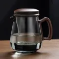 Théière en verre résistant à la chaleur avec poignée et couvercle en noyer, filtre à thé. - 400-600ml / Grand Gris Fumé