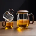 Set théière et tasses en verre avec poignée en noyer et filtre infuseur pour thé. - 400-600ml / Petit Transparent + 2 Tasses en Bois