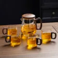 Ensemble théière verre poignée bois noyer quatre tasses, infuseur thé kung fu résistant chaleur. - 400-600ml / Petit Transparent + 4 Tasses en Bois
