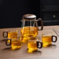 Set de théière en verre avec poignée en bois de noyer et quatre tasses pour cérémonie du thé. - 400-600ml / Grand Transparent + 4 Tasses en Bois