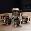 Ensemble théière en verre avec poignée en noyer et quatre tasses pour le service. - 400-600ml / Petit Gris Fumé + 4 Tasses en Bois