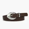 Women faux leather belt with moon buckle, brown casual belt for jeans and daily wear commute. - Coffee