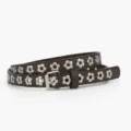 Brown PU leather skinny belt featuring silver flower eyelets and stylish metal buckle. - 105*1.8cm / Coffee