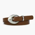 Stylish women brown synthetic leather belt featuring a chic silver crescent moon buckle. - Camel