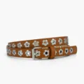 Brown PU leather belt featuring silver-tone flower-shaped metal grommets and pin buckle. - 105*1.8cm / Camel