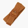 Brown woven straw belt for women with square leather buckle, casual dress waist cincher. - Total Length 102cm / Camel