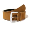 Brown suede wide belt detail, vintage metallic buckle, textured women accessory closeup - Camel