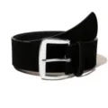 Close-up detail of a black suede wide belt featuring a polished silver metal pin buckle. - Black