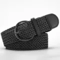 Women bohemian dark grey braided belt with round metal buckle, stylish woven waist accessory. - Black