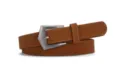 Brown PU leather women's belt featuring vintage silver pin buckle and stylish stitching. - Camel
