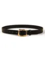 Detailed view of women's black PU leather belt featuring a sleek shiny gold geometric buckle. - Total Length 92x2.8cm / Black