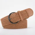Women bohemian braided belt with black round pin buckle, vintage wax rope waist accessory. - Camel