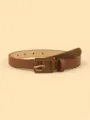 Brown PU leather belt detail, classic gold tone square buckle, everyday casual apparel. - 102x1.8cm / Camel