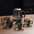 Service à thé en bois de noyer et verre avec théière, infuseur et quatre tasses assorties. - 400-600ml / Grand Gris Fumé + 4 Tasses en Bois