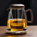 Théière en verre avec poignée et couvercle en bois de noyer, filtre théière séparation. - 400-600ml / Grand Transparent + Chauffe-tasse