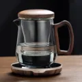 Théière en verre avec poignée en bois de noyer et filtre, infuseur à thé en trois pièces. - 400-600ml / Petit Gris Fumé + Chauffe-tasse