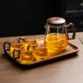 Set de théière en verre avec poignée en bois de noyer, infuseur, quatre tasses et plateau. - 400-600ml / Grand Transparent + 4 Tasses + Plateau