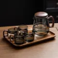 Ensemble théière en verre avec poignée en bois de noyer, quatre tasses et plateau. - 400-600ml / Grand Gris Fumé + 4 Tasses + Plateau