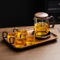 Ensemble théière en verre avec poignée en noyer tasses avec filtre et plateau en bois. - 400-600ml / Petit Transparent + 4 Tasses + Plateau + Chauffe-tasse