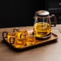 Service à thé en verre et bois de noyer, théière avec infuseur et quatre tasses assorties. - 400-600ml / Grand Transparent + 4 Tasses + Plateau + Chauffe-tasse